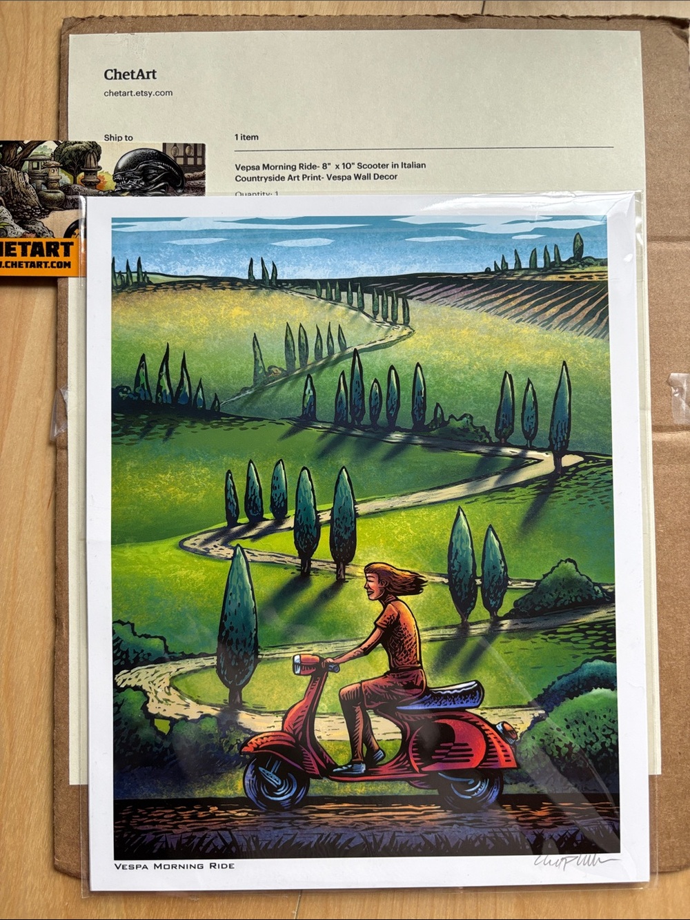 ChetArt Vespa Morning Ride Art Print - Green and Red